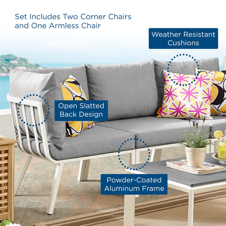Riverside 3 Piece Outdoor Patio Aluminum Sectional Sofa Set - White Gray
