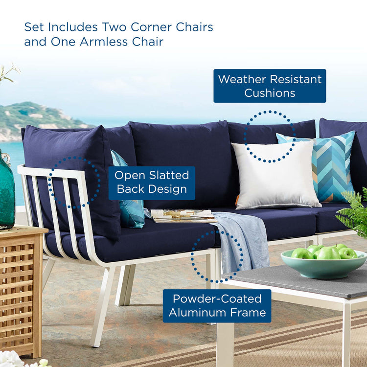 Riverside 3 Piece Outdoor Patio Aluminum Sectional Sofa Set - White Navy