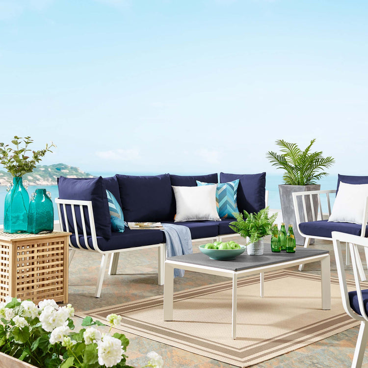 Riverside 3 Piece Outdoor Patio Aluminum Sectional Sofa Set - White Navy