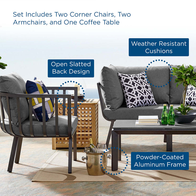 Riverside 5 Piece Outdoor Patio Aluminum Set - Gray Charcoal