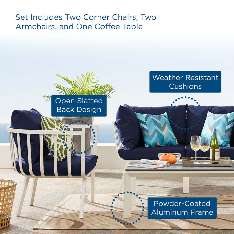 Riverside 5 Piece Outdoor Patio Aluminum Set - White Navy