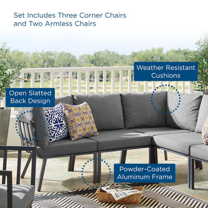 Riverside 5 Piece Outdoor Patio Aluminum Sectional - Gray Charcoal