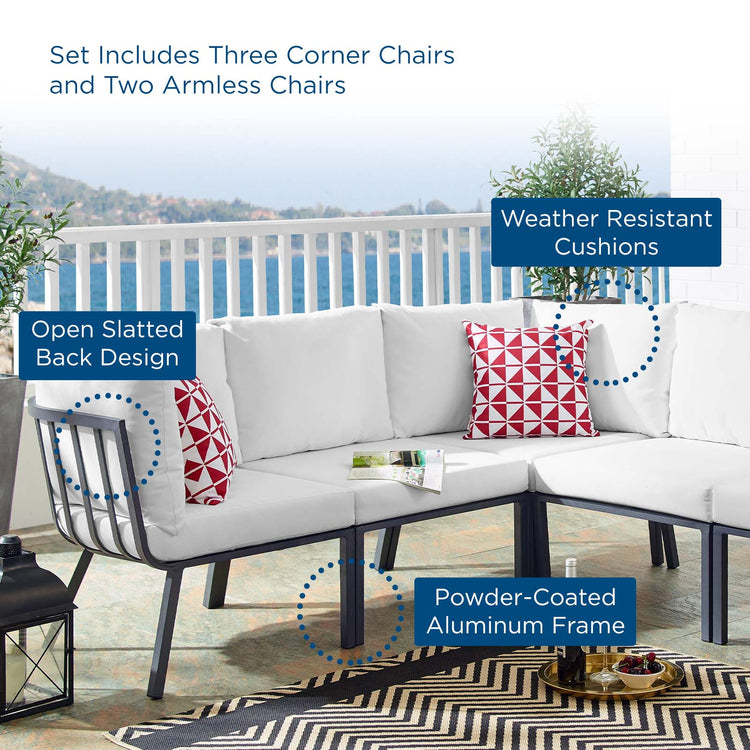 Riverside 5 Piece Outdoor Patio Aluminum Sectional - Gray White
