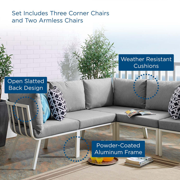 Riverside 5 Piece Outdoor Patio Aluminum Sectional - White Gray