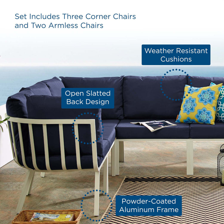 Riverside 5 Piece Outdoor Patio Aluminum Sectional - White Navy
