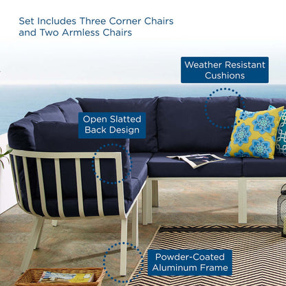 Riverside 5 Piece Outdoor Patio Aluminum Sectional - White Navy