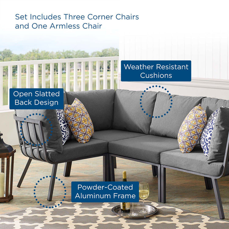 Riverside 4 Piece Outdoor Patio Aluminum Sectional - Gray Charcoal