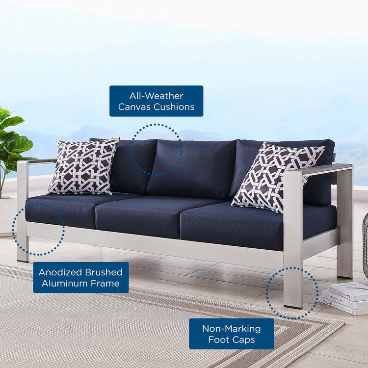 Shore Outdoor Patio Aluminum Sofa - Silver Navy