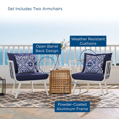 Riverside Outdoor Patio Aluminum Armchair Set of 2 - White Navy