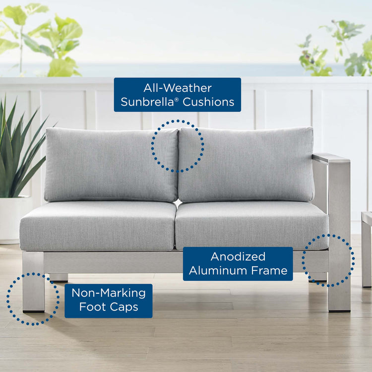Shore Sunbrella® Fabric Aluminum Outdoor Patio Right-Arm Loveseat - Silver Gray