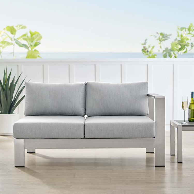 Shore Sunbrella® Fabric Aluminum Outdoor Patio Right-Arm Loveseat - Silver Gray
