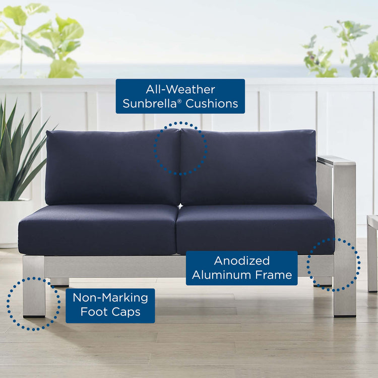 Shore Sunbrella® Fabric Aluminum Outdoor Patio Right-Arm Loveseat - Silver Navy