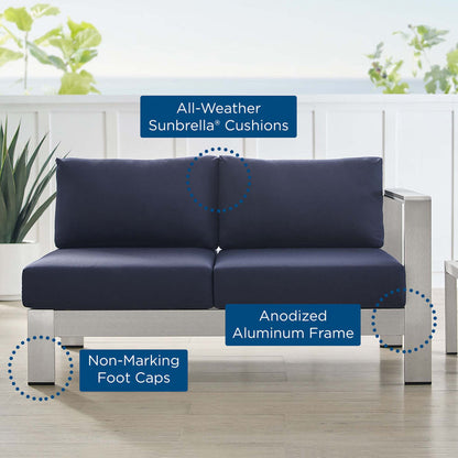 Shore Sunbrella® Fabric Aluminum Outdoor Patio Right-Arm Loveseat - Silver Navy