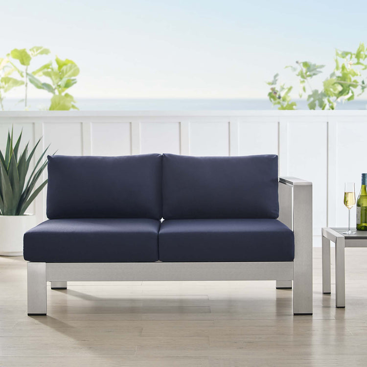 Shore Sunbrella® Fabric Aluminum Outdoor Patio Right-Arm Loveseat - Silver Navy