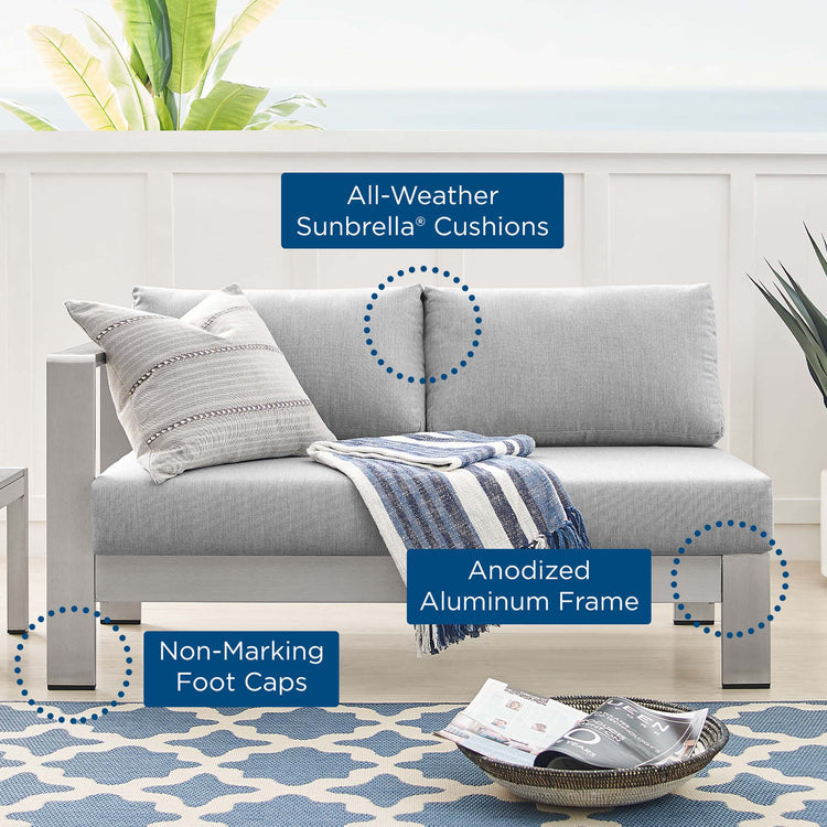 Shore Sunbrella® Fabric Aluminum Outdoor Patio Left-Arm Loveseat - Silver Gray