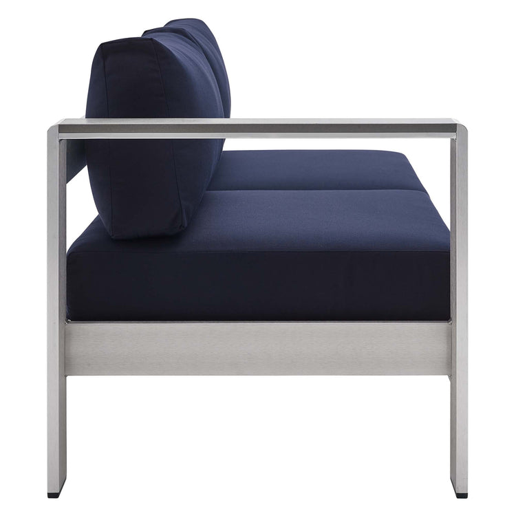 Shore Sunbrella® Fabric Aluminum Outdoor Patio Left-Arm Loveseat - Silver Navy