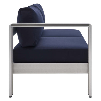 Shore Sunbrella® Fabric Aluminum Outdoor Patio Left-Arm Loveseat - Silver Navy