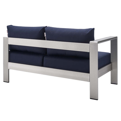 Shore Sunbrella® Fabric Aluminum Outdoor Patio Left-Arm Loveseat - Silver Navy