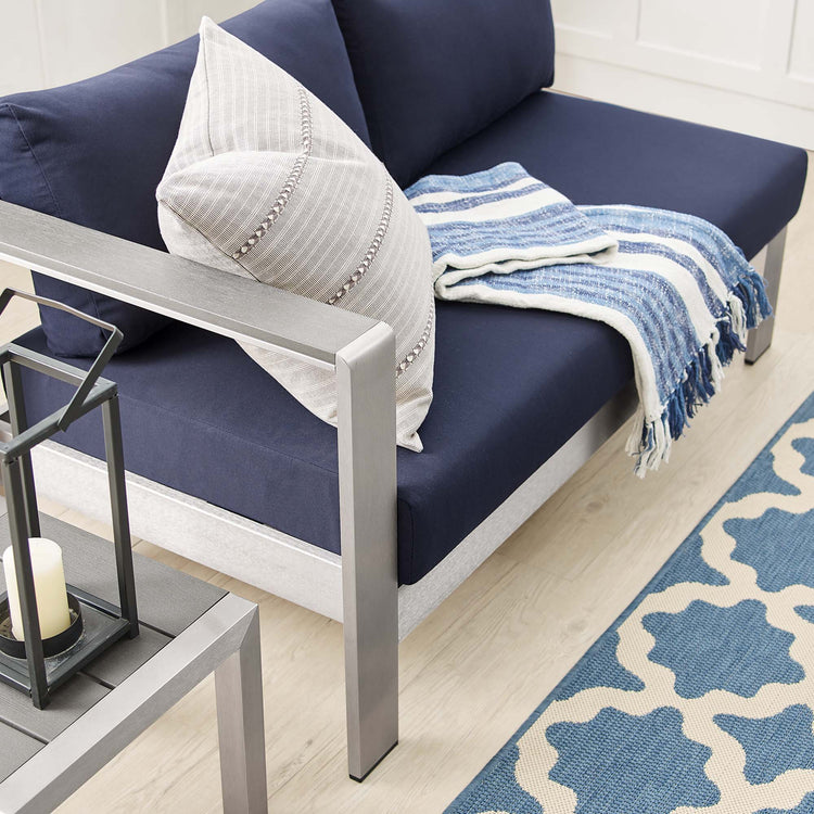Shore Sunbrella® Fabric Aluminum Outdoor Patio Left-Arm Loveseat - Silver Navy