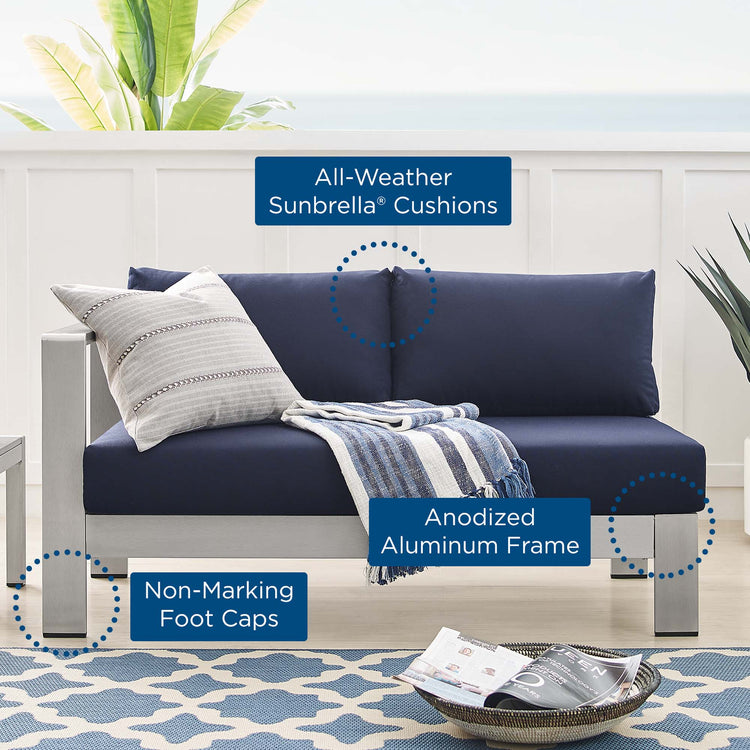 Shore Sunbrella® Fabric Aluminum Outdoor Patio Left-Arm Loveseat - Silver Navy