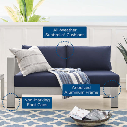 Shore Sunbrella® Fabric Aluminum Outdoor Patio Left-Arm Loveseat - Silver Navy