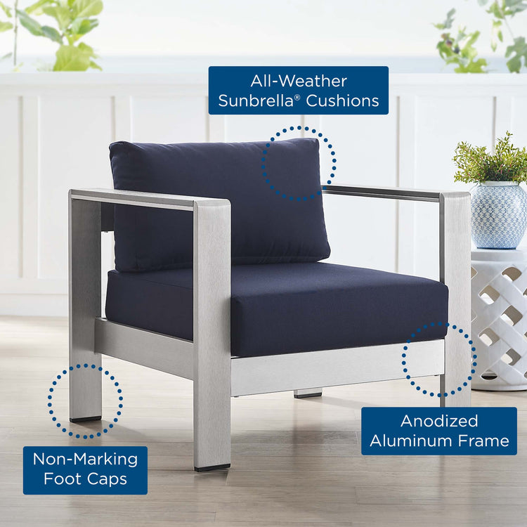 Shore Sunbrella® Fabric Aluminum Outdoor Patio Armchair - Silver Navy