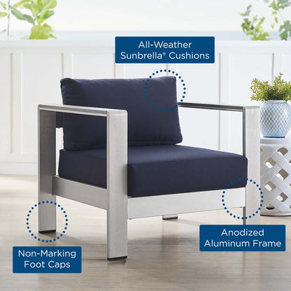 Shore Sunbrella® Fabric Aluminum Outdoor Patio Armchair - Silver Navy