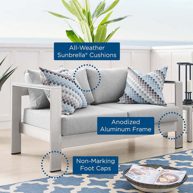 Shore Sunbrella® Fabric Aluminum Outdoor Patio Loveseat - Silver Gray