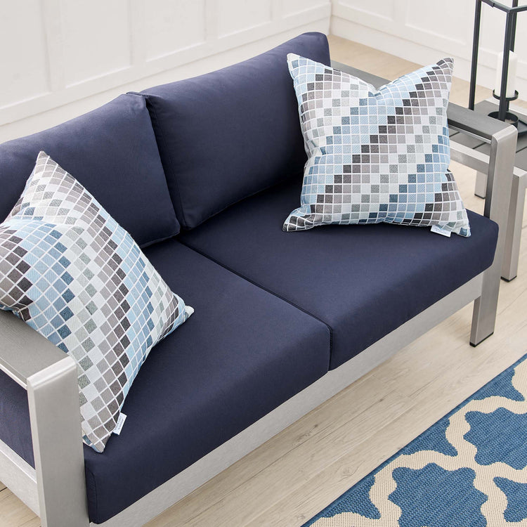 Shore Sunbrella® Fabric Aluminum Outdoor Patio Loveseat - Silver Navy