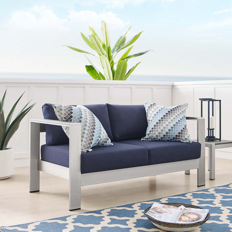 Shore Sunbrella® Fabric Aluminum Outdoor Patio Loveseat - Silver Navy