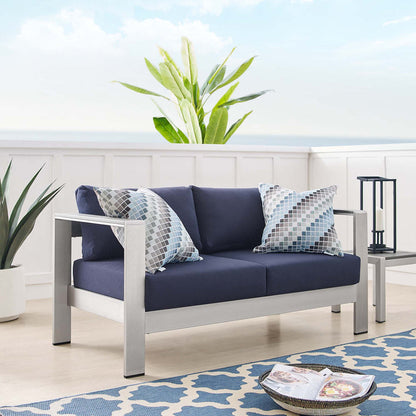 Shore Sunbrella® Fabric Aluminum Outdoor Patio Loveseat - Silver Navy