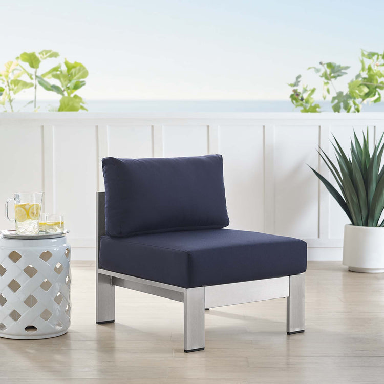 Shore Sunbrella® Fabric Aluminum Outdoor Patio Armless Chair - Silver Navy