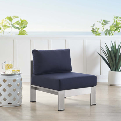Shore Sunbrella® Fabric Aluminum Outdoor Patio Armless Chair - Silver Navy