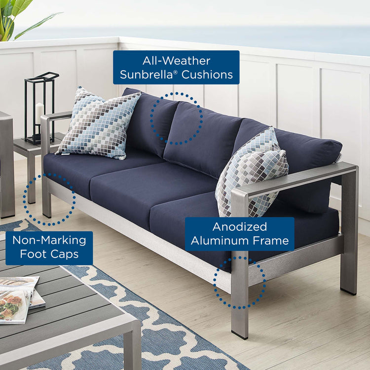 Shore Sunbrella® Fabric Aluminum Outdoor Patio Sofa - Silver Navy