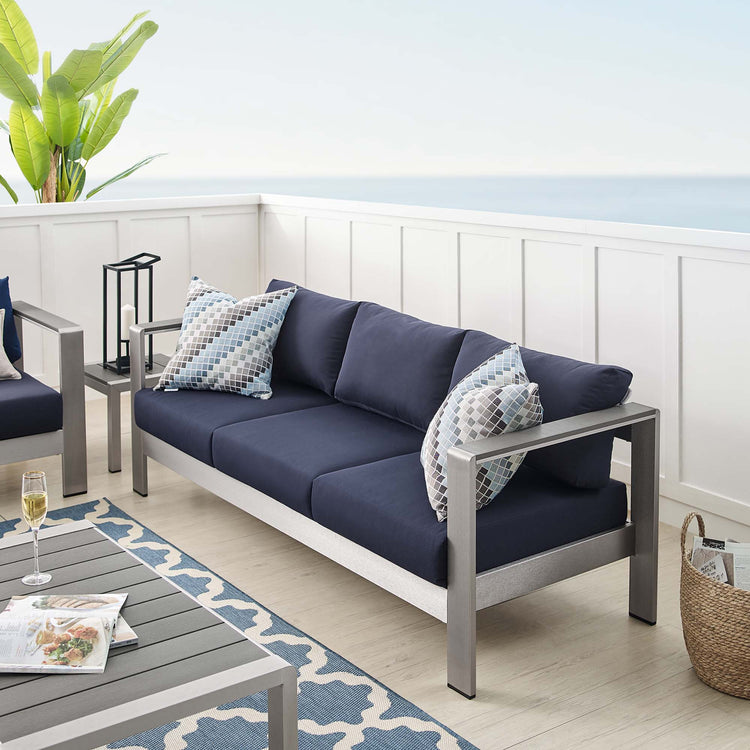 Shore Sunbrella® Fabric Aluminum Outdoor Patio Sofa - Silver Navy