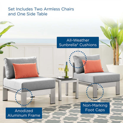 Shore 3 Piece Sunbrella® Fabric Outdoor Patio Aluminum Set - Silver Gray