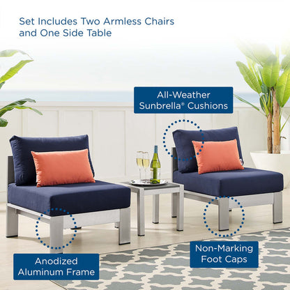 Shore 3 Piece Sunbrella® Fabric Outdoor Patio Aluminum Set - Silver Navy