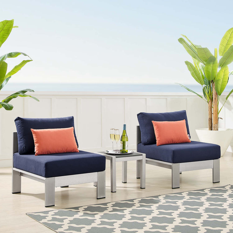 Shore 3 Piece Sunbrella® Fabric Outdoor Patio Aluminum Set - Silver Navy