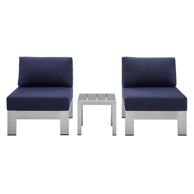 Shore 3 Piece Sunbrella® Fabric Outdoor Patio Aluminum Set - Silver Navy