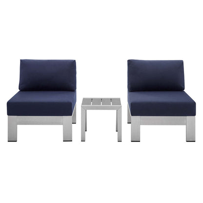 Shore 3 Piece Sunbrella® Fabric Outdoor Patio Aluminum Set - Silver Navy