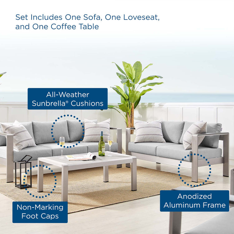 Shore 3 Piece Sunbrella® Fabric Outdoor Patio Aluminum Set - Silver Gray