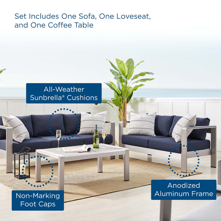 Shore 3 Piece Sunbrella® Fabric Outdoor Patio Aluminum Set - Silver Navy