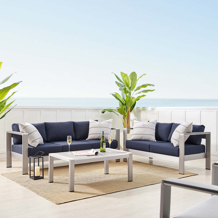 Shore 3 Piece Sunbrella® Fabric Outdoor Patio Aluminum Set - Silver Navy