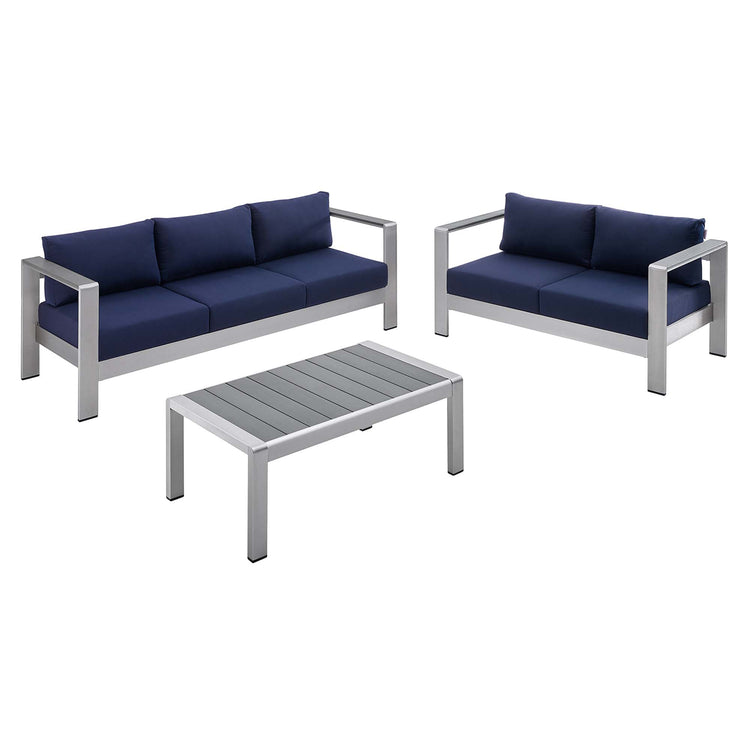 Shore 3 Piece Sunbrella® Fabric Outdoor Patio Aluminum Set - Silver Navy