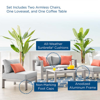 Shore 4 Piece Sunbrella® Fabric Outdoor Patio Aluminum Set - Silver Gray