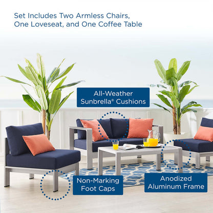 Shore 4 Piece Sunbrella® Fabric Outdoor Patio Aluminum Set - Silver Navy