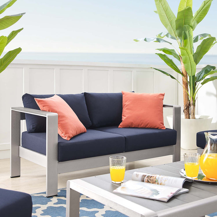 Shore 4 Piece Sunbrella® Fabric Outdoor Patio Aluminum Set - Silver Navy