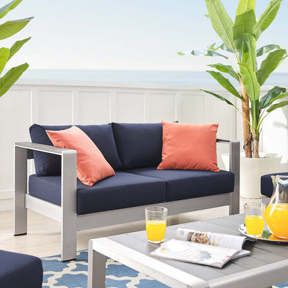 Shore 4 Piece Sunbrella® Fabric Outdoor Patio Aluminum Set - Silver Navy