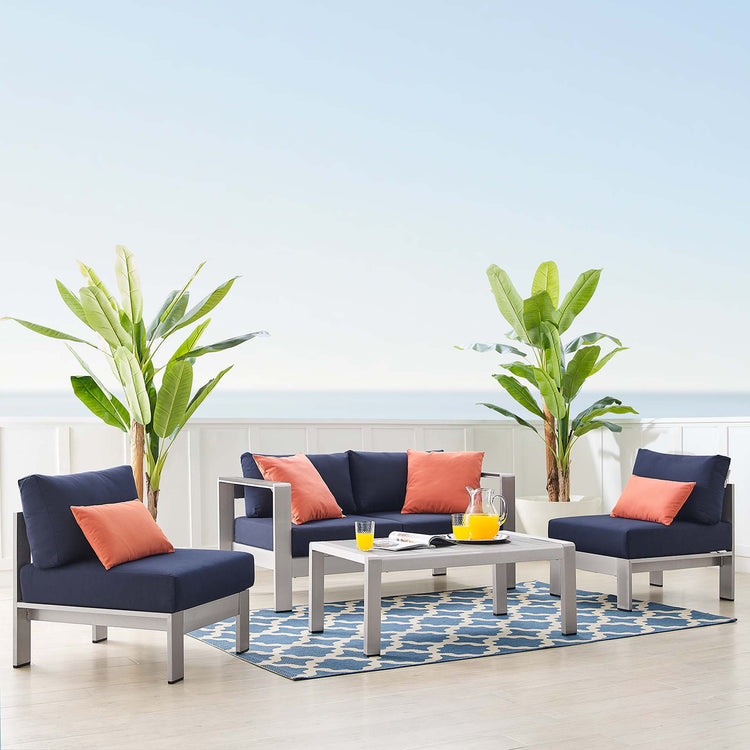 Shore 4 Piece Sunbrella® Fabric Outdoor Patio Aluminum Set - Silver Navy