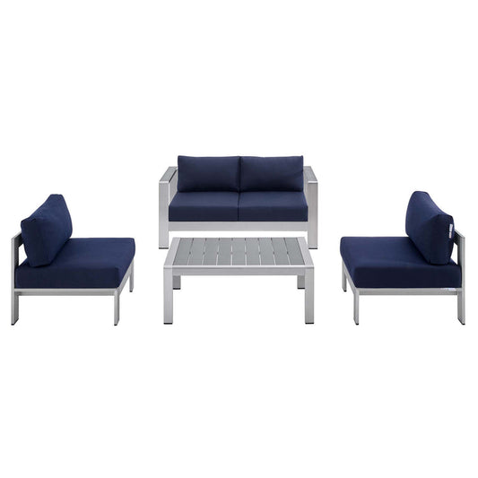 Shore 4 Piece Sunbrella® Fabric Outdoor Patio Aluminum Set - Silver Navy